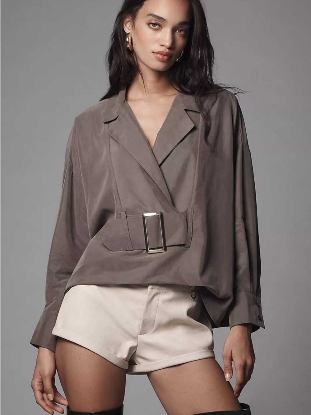 NEW BY ANTHROPOLOGIE Long Sleeve Collared Belted Buckle Front Blouse Green XXS